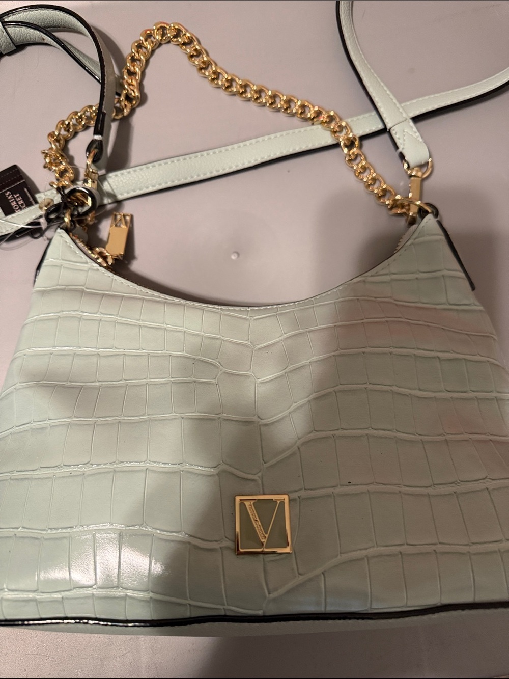 Victoria's Secret Croc-Embossed Shoulder Bag in Pale Mint with Gold Hardware